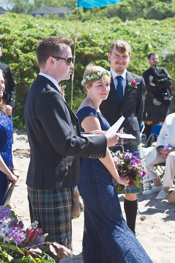 barefoot bride, beach wedding, seaside wedding, Scottish wedding, humanist wedding ceremony, humanist blessing, blue wedding dress, Sally T Photography