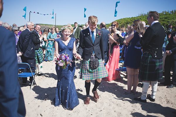 barefoot bride, beach wedding, seaside wedding, Scottish wedding, humanist wedding ceremony, humanist blessing, blue wedding dress, Sally T Photography