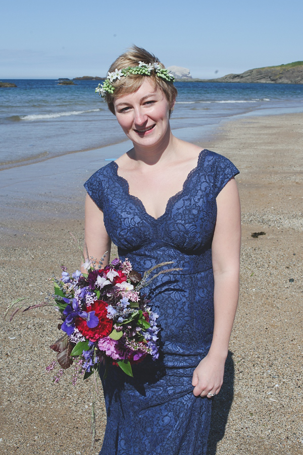 barefoot bride, beach wedding, seaside wedding, Scottish wedding, humanist wedding ceremony, humanist blessing, blue wedding dress, Sally T Photography