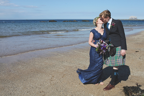 barefoot bride, beach wedding, seaside wedding, Scottish wedding, humanist wedding ceremony, humanist blessing, blue wedding dress, Sally T Photography