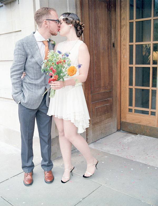 1920s style bride, 1920s inspired wedding, Hackney wedding, East London wedding, short flapper style wedding dress