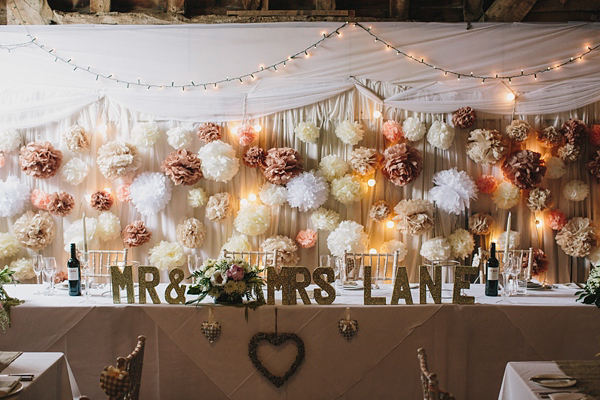 Terry Fox wedding dress, Donna Crain headpiece, quirky and fun barn wedding, Craig and Kate Photography