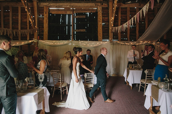 Terry Fox wedding dress, Donna Crain headpiece, quirky and fun barn wedding, Craig and Kate Photography