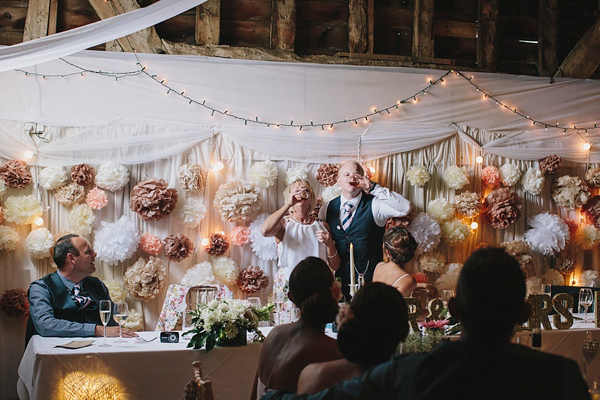 Terry Fox wedding dress, Donna Crain headpiece, quirky and fun barn wedding, Craig and Kate Photography