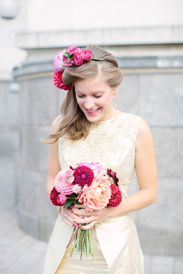 Dahlia flower crown, The Flower Appreciation Society, colourful wedding, London Canal Museum wedding, Islington Town Hall Wedding, Photography by Camilla Arnhold - find her at www.camillaarnholdphotography.com - find her at 