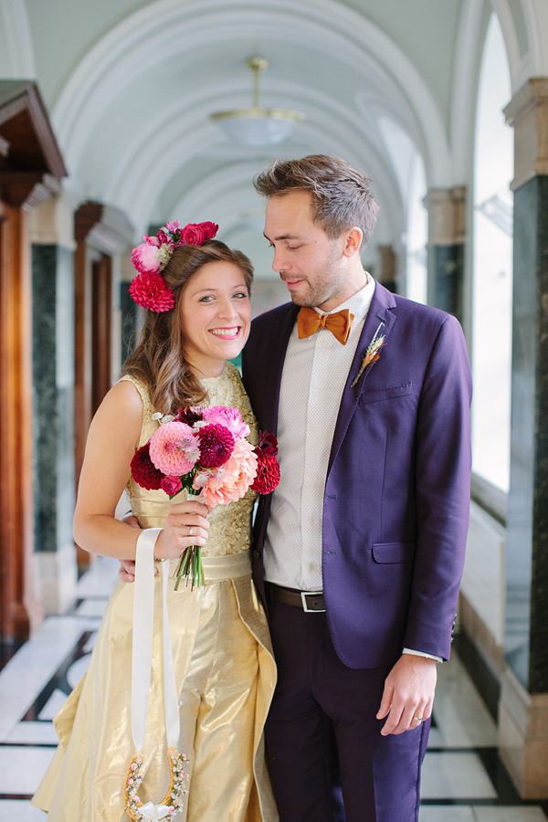 Dahlia flower crown, The Flower Appreciation Society, colourful wedding, London Canal Museum wedding, Islington Town Hall Wedding, Photography by Camilla Arnhold - find her at www.camillaarnholdphotography.com