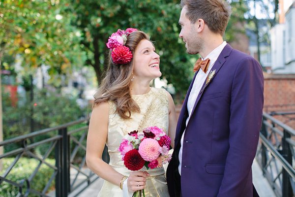 Dahlia flower crown, The Flower Appreciation Society, colourful wedding, London Canal Museum wedding, Islington Town Hall Wedding, Photography by Camilla Arnhold - find her at www.camillaarnholdphotography.com