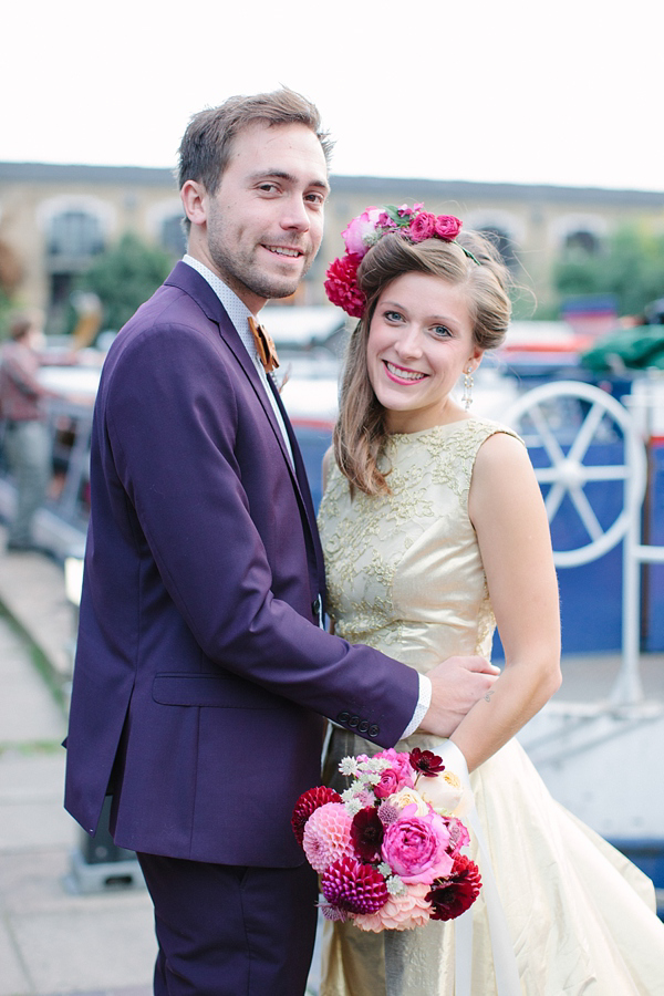 Dahlia flower crown, The Flower Appreciation Society, colourful wedding, London Canal Museum wedding, Islington Town Hall Wedding, Photography by Camilla Arnhold - find her at www.camillaarnholdphotography.com