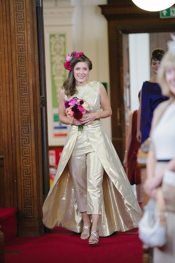 Dahlia flower crown, The Flower Appreciation Society, colourful wedding, London Canal Museum wedding, Islington Town Hall Wedding, Photography by Camilla Arnhold - find her at www.camillaarnholdphotography.com