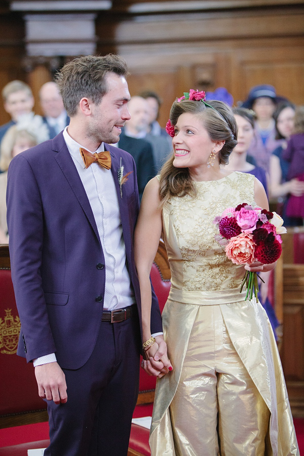 Dahlia flower crown, The Flower Appreciation Society, colourful wedding, London Canal Museum wedding, Islington Town Hall Wedding, Photography by Camilla Arnhold - find her at www.camillaarnholdphotography.com