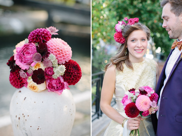 Dahlia flower crown, The Flower Appreciation Society, colourful wedding, London Canal Museum wedding, Islington Town Hall Wedding, Photography by Camilla Arnhold - find her at www.camillaarnholdphotography.com