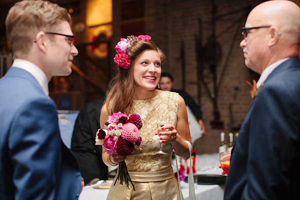 Dahlia flower crown, The Flower Appreciation Society, colourful wedding, London Canal Museum wedding, Islington Town Hall Wedding, Photography by Camilla Arnhold - find her at www.camillaarnholdphotography.com