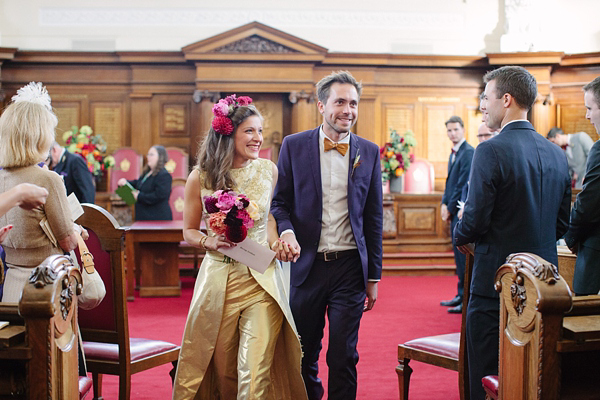 Dahlia flower crown, The Flower Appreciation Society, colourful wedding, London Canal Museum wedding, Islington Town Hall Wedding, Photography by Camilla Arnhold - find her at www.camillaarnholdphotography.com