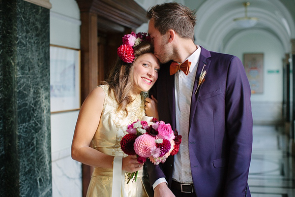 Dahlia flower crown, The Flower Appreciation Society, colourful wedding, London Canal Museum wedding, Islington Town Hall Wedding, Photography by Camilla Arnhold - find her at www.camillaarnholdphotography.com