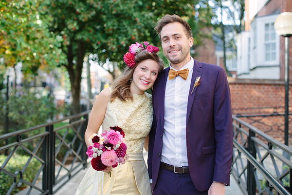 Dahlia flower crown, The Flower Appreciation Society, colourful wedding, London Canal Museum wedding, Islington Town Hall Wedding, Photography by Camilla Arnhold - find her at www.camillaarnholdphotography.com