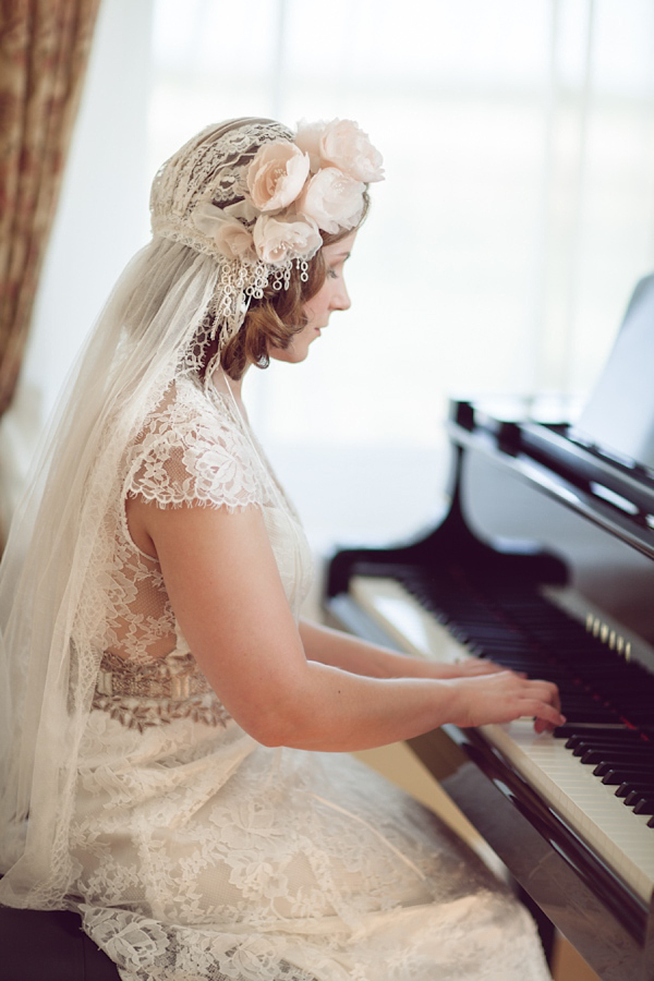 Claire Pettibone bride, Juliet cap veil,  Woburn Sculpture Gallery, Bedfordshire Wedding, Cat Hepple Photograpy