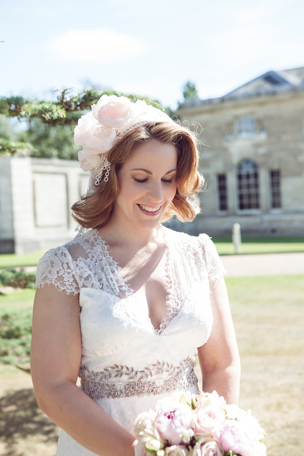 Claire Pettibone bride, Juliet cap veil,  Woburn Sculpture Gallery, Bedfordshire Wedding, Cat Hepple Photograpy