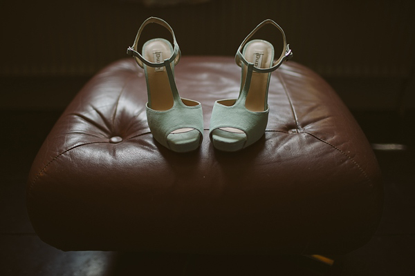 Mint green wedding, gold wedding, alternative wedding, gold wedding shoes, Photography by Tom Ravenshear