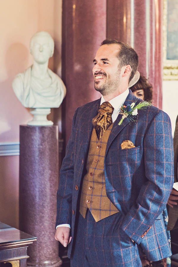 Mad Hatters tea party style wedding, Groom in tweed, flat cap, photography by Claire Penn