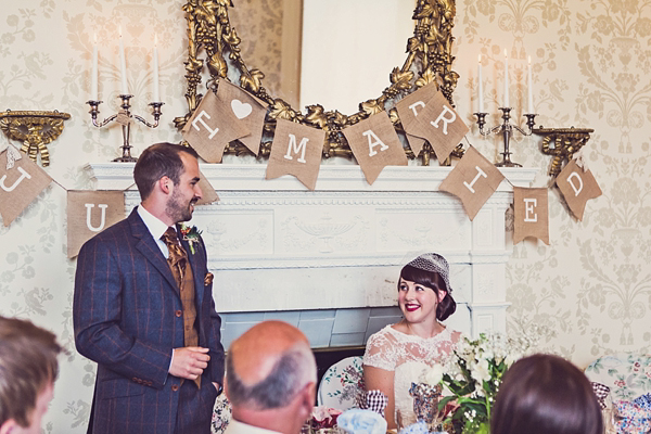 Mad Hatters tea party style wedding, Groom in tweed, flat cap, photography by Claire Penn