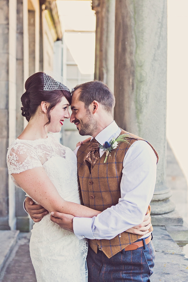 Mad Hatters tea party style wedding, Groom in tweed, flat cap, photography by Claire Penn