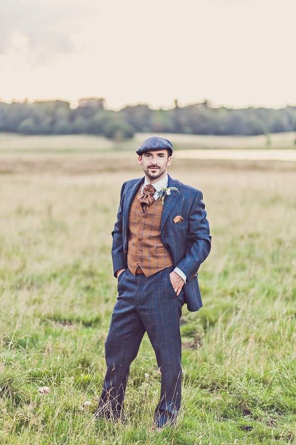 Mad Hatters tea party style wedding, Groom in tweed, flat cap, photography by Claire Penn