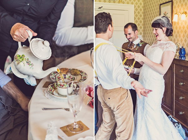 Mad Hatters tea party style wedding, Groom in tweed, flat cap, photography by Claire Penn