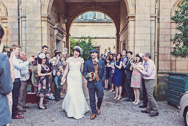 Mad Hatters tea party style wedding, Groom in tweed, flat cap, photography by Claire Penn