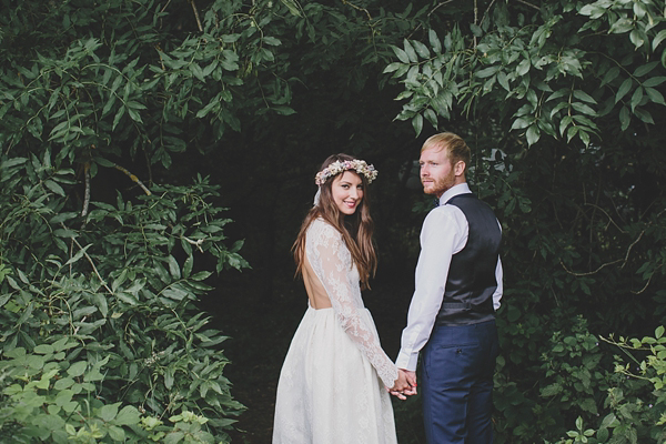 Floral crown, flower crown, Katya Katya Shehurina wedding dress, woodland wedding, Scraptoft Hill Farm wedding, Rebecca Goddard Photography