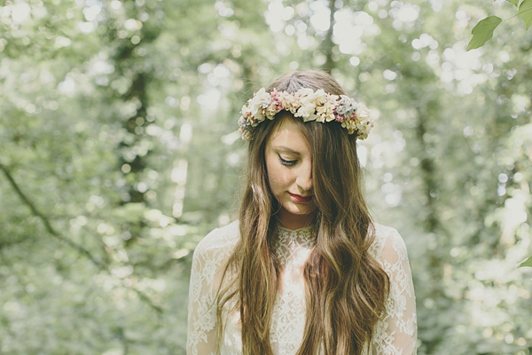 Floral crown, flower crown, Katya Katya Shehurina wedding dress, woodland wedding, Scraptoft Hill Farm wedding, Rebecca Goddard Photography