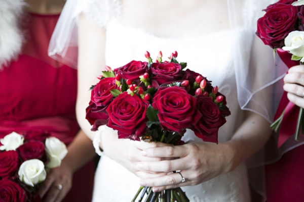 Red rose bouquet Christmas wedding