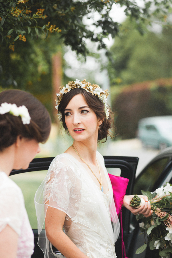 Azalea by Jenny Packham, Edwardian inspired floral crown, Emmanuel College Cambridge wedding, M&J Photography