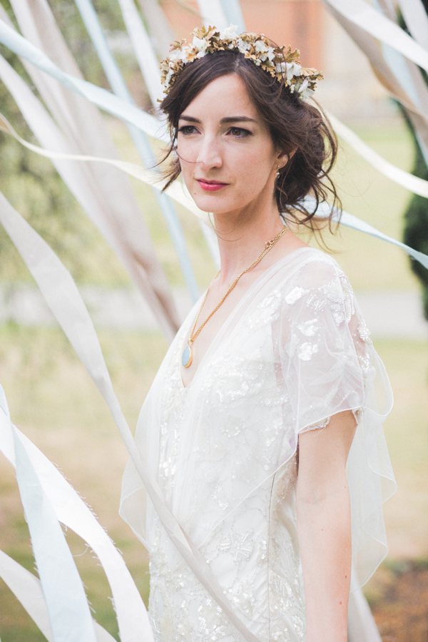 Azalea by Jenny Packham, Edwardian inspired floral crown, Emmanuel College Cambridge wedding, M&J Photography