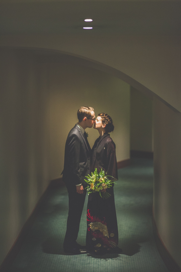 Lost in Translation inspired wedding // Wedding at The Crucible Theatre in Sheffield // Bride wearing a Japanese Kimono // Photography by India Hobson