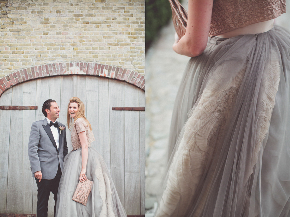 Vintage glamour farm wedding // Pale blue taupe grey Vera Wang wedding dress // Chris Spira Photography