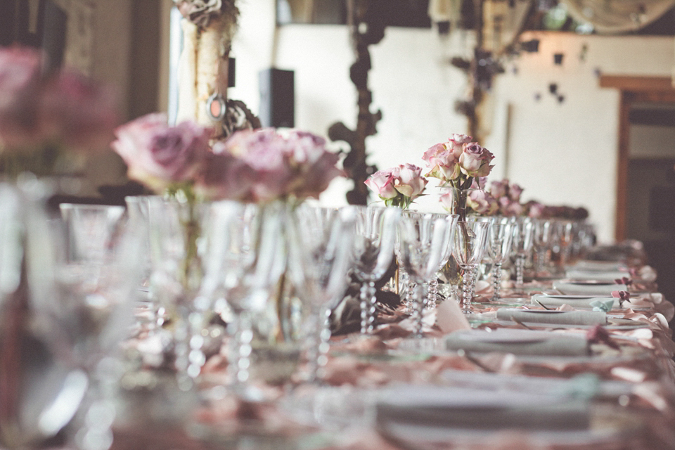 Vintage glamour farm wedding // Pale blue taupe grey Vera Wang wedding dress // Chris Spira Photography