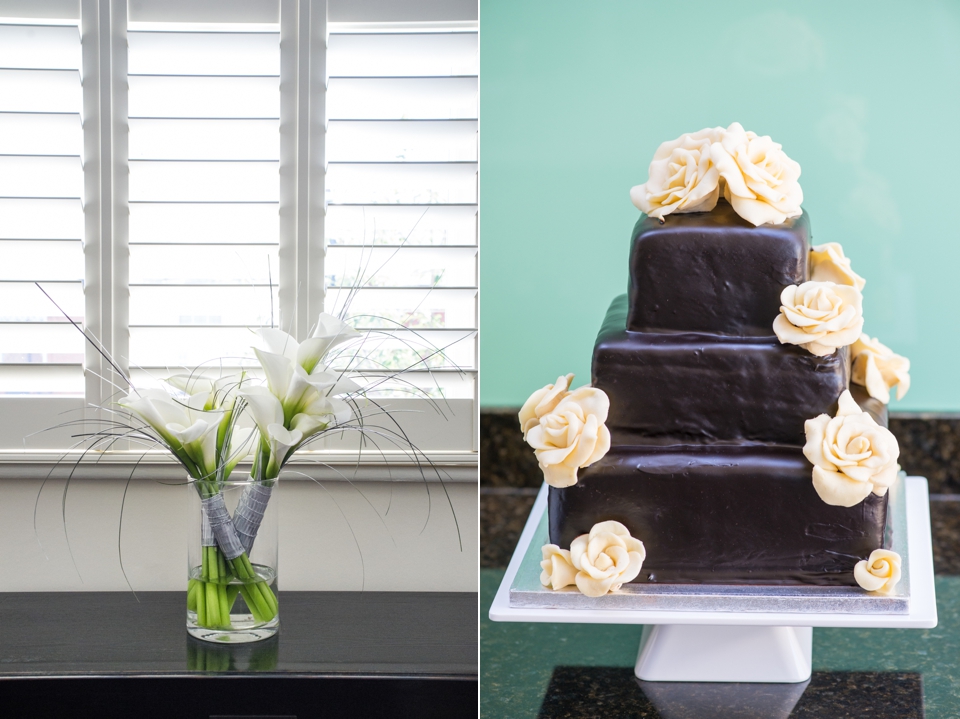 Chocolate wedding cake and lillies