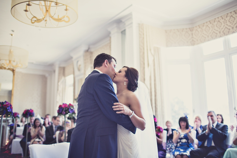 Pronovias wedding dress // bright pink and purlpe colourful wedding // Photography by Anna Clarke
