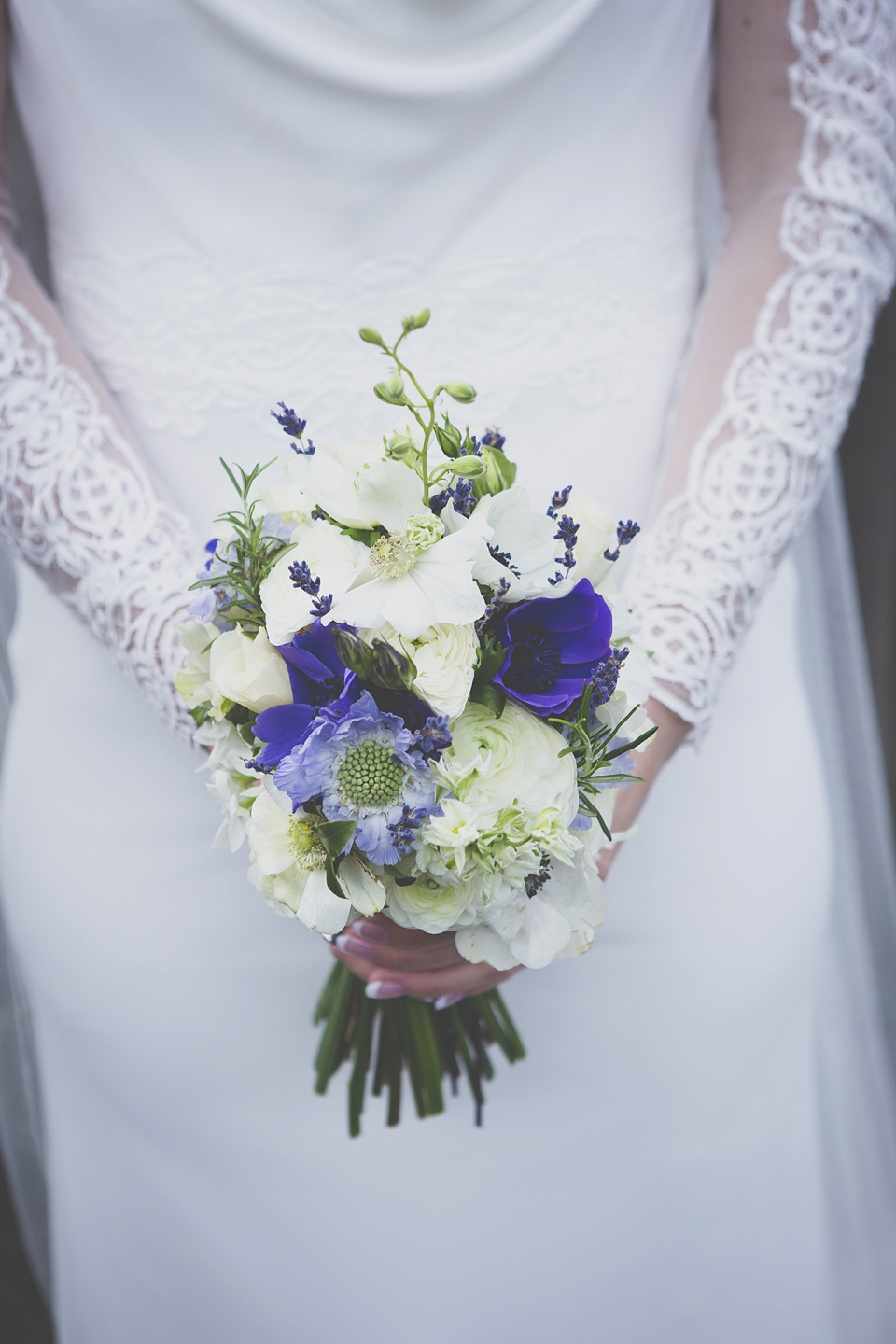 Purple and pale blue wedding bouquet