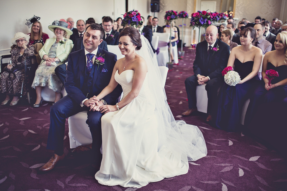 Pronovias wedding dress // bright pink and purlpe colourful wedding // Photography by Anna Clarke