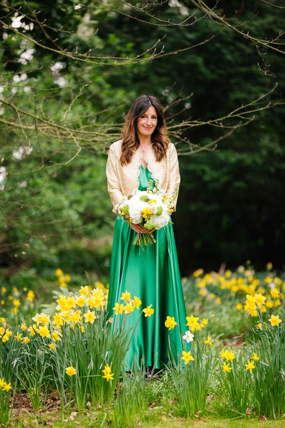Vintage green wedding dress gold brocade jacket eshott hall wedding-69