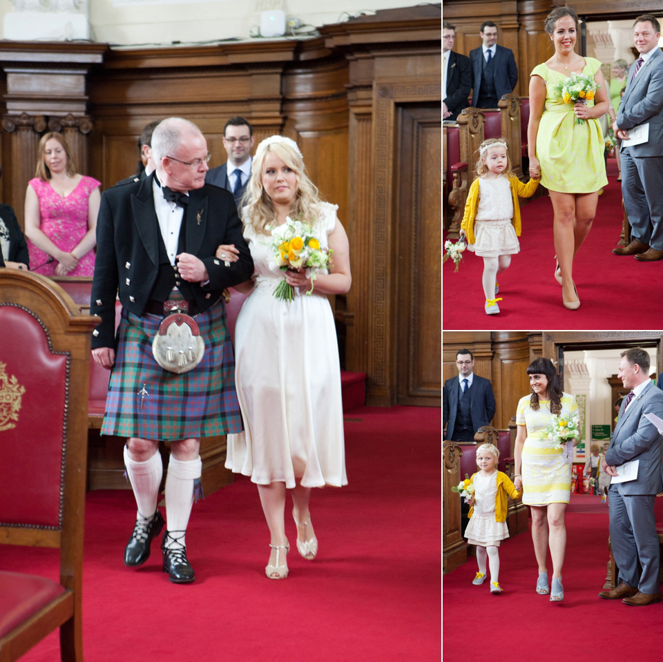 Spring yellow wedding, Minna wedding dress, London bride, Canal Museum wedding venue