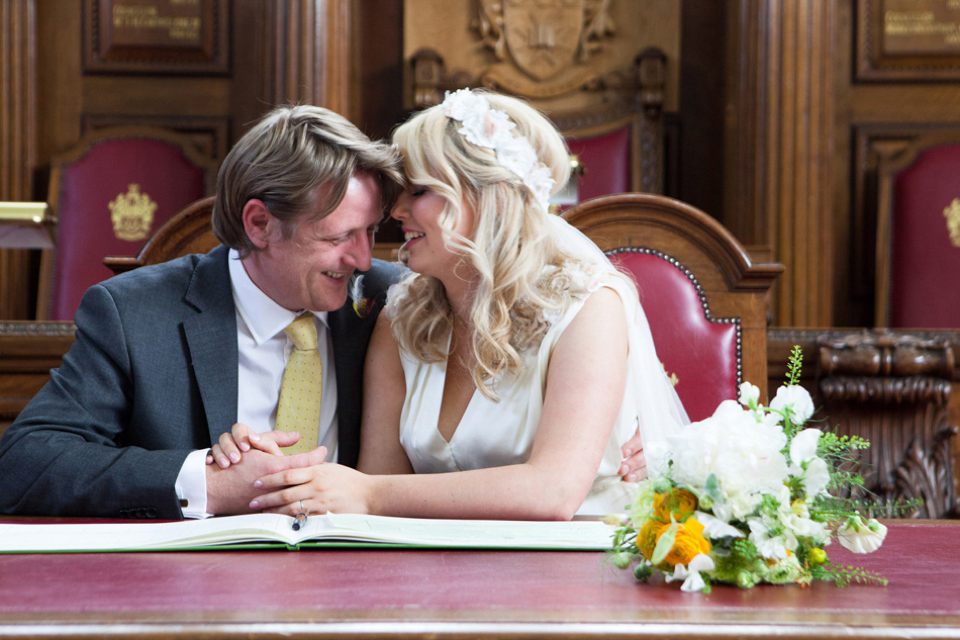 Spring yellow wedding, Minna wedding dress, London bride, Canal Museum wedding venue