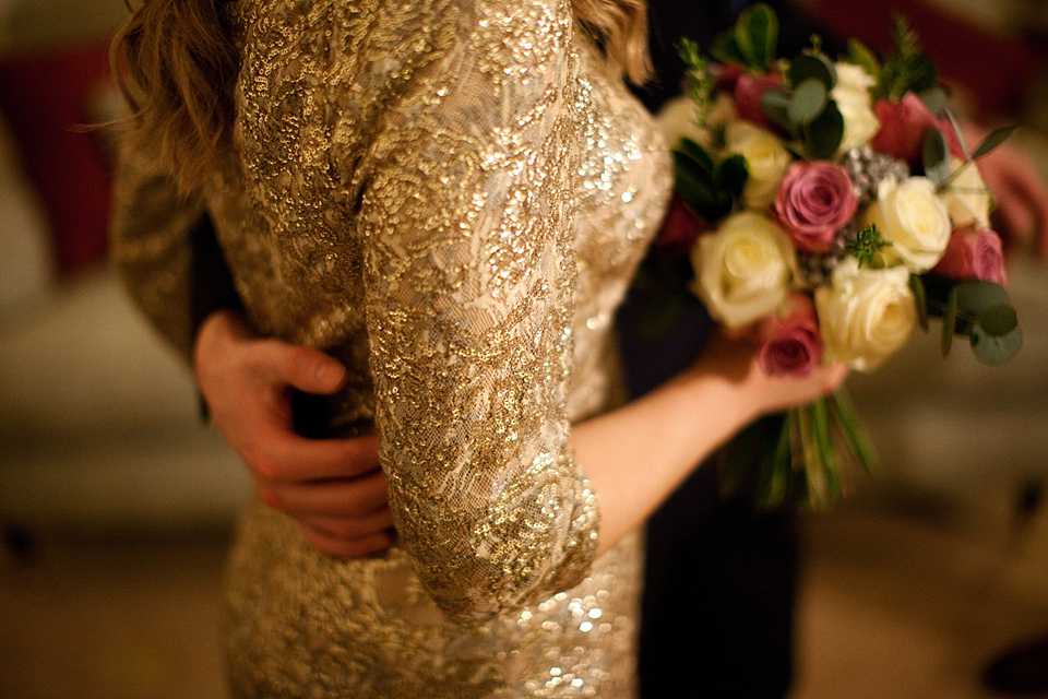 gold wedding dress, winter wedding, Lillian and Leonard photography