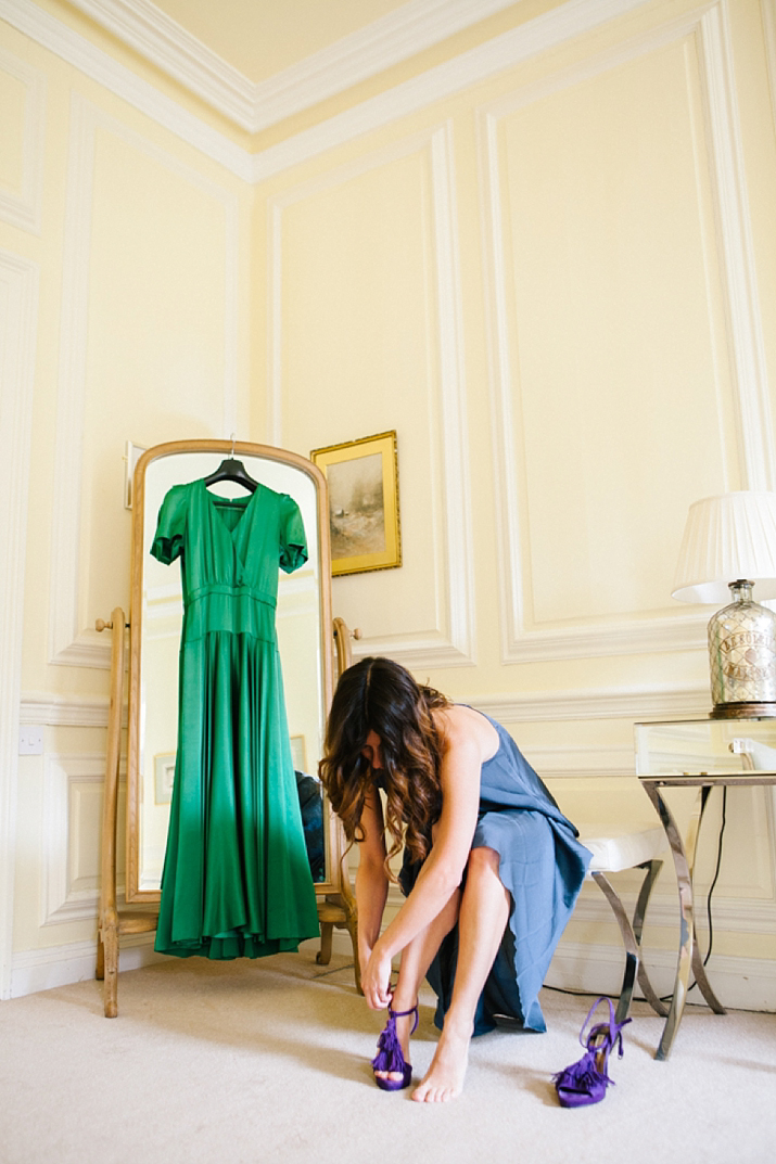 emerald green wedding dress, green wedding dress, purple wedding shoes, eshot hall, northumberland weddings, vanessa adams photography, green and gold wedding