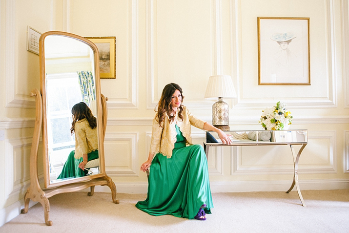 emerald green wedding dress, green wedding dress, purple wedding shoes, eshot hall, northumberland weddings, vanessa adams photography, green and gold wedding