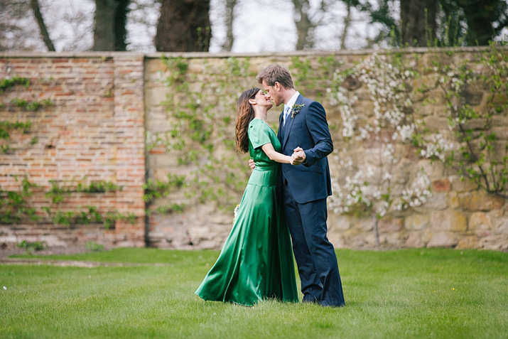 emerald green wedding dress, green wedding dress, purple wedding shoes, eshot hall, northumberland weddings, vanessa adams photography, green and gold wedding