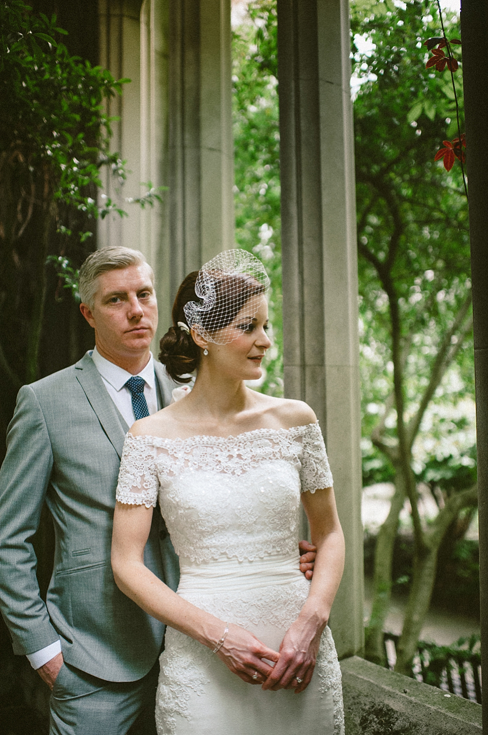 pronovias wedding dress, london wedding, birdcage veil