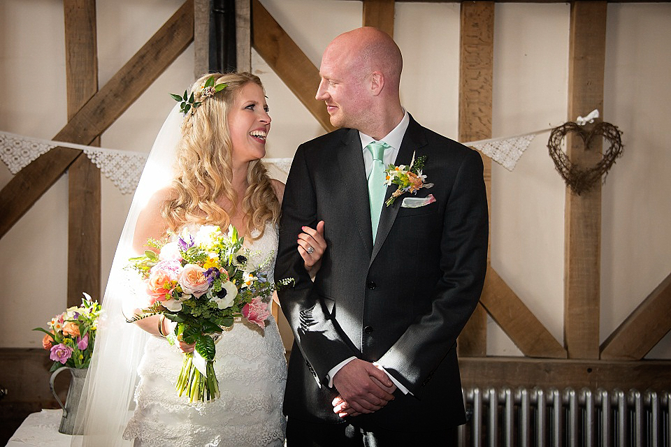Sarah wore a tiered Maggie Sottero gown from Miss Bush Bridal in Ripley, Surrey, for her elegant barn wedding.