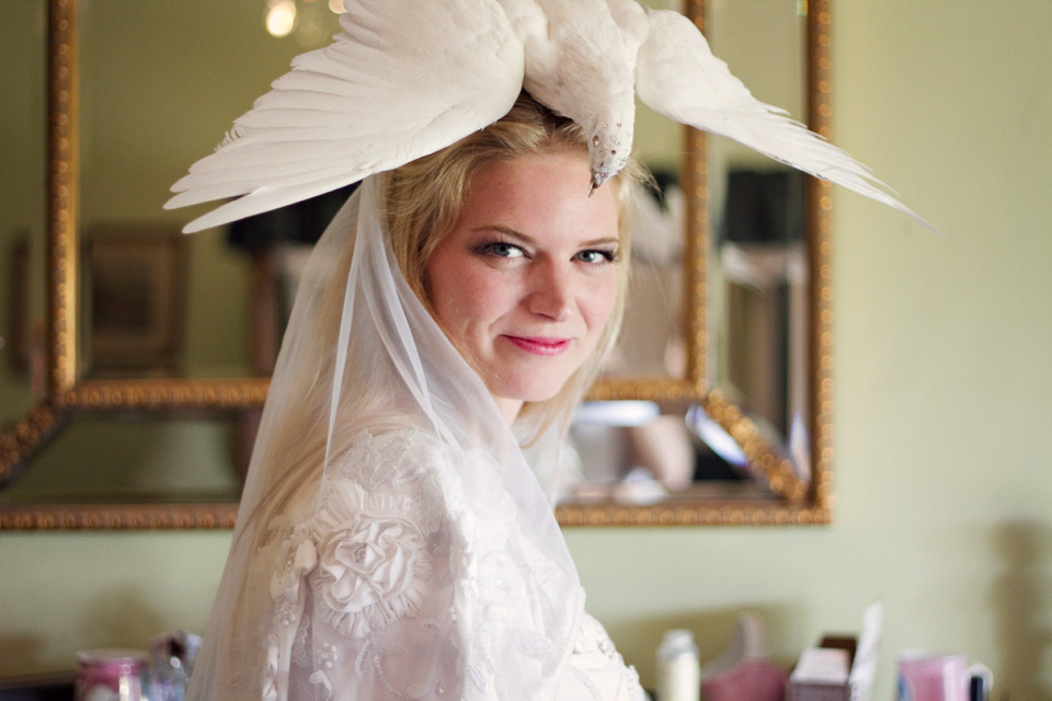 taxidermy headpiece, taxidermy wedding, emmy shoes, taxidermy dove, mole and dove, quirky wedding